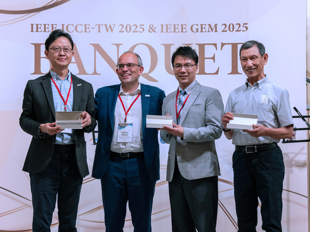 The two major conferences under the IEEE CTSoc, ICCE-TW 2025 and IEEE GEM, had been held jointly for the first time from July 16-18, 2025, at the Kaohsiung Exhibition Center. The current IEEE CTSoc Chair, Prof. Fabrice Labeau (second from left), attended the entire conference, highlighting its significance and academic value.