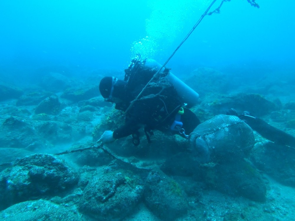 Project workers dived into the sea to remove abandoned fishing gears manually.