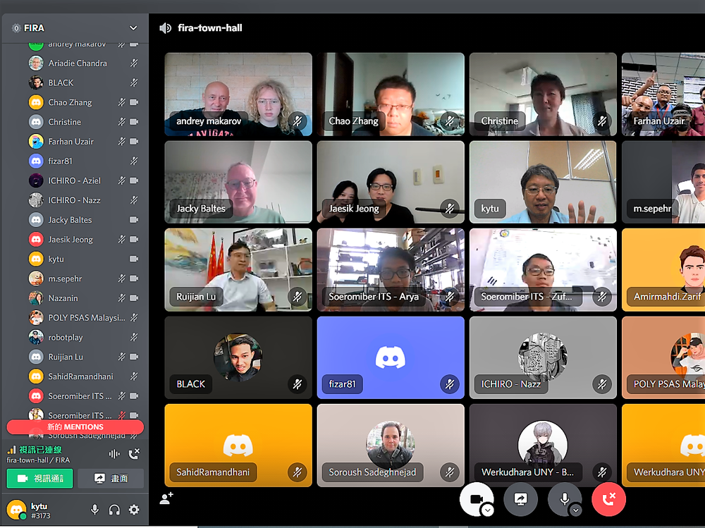 A snapshot of the online opening ceremony of the FIRA 2022 SimulCup in Discord. All international judges and participants joined the same video calls.
